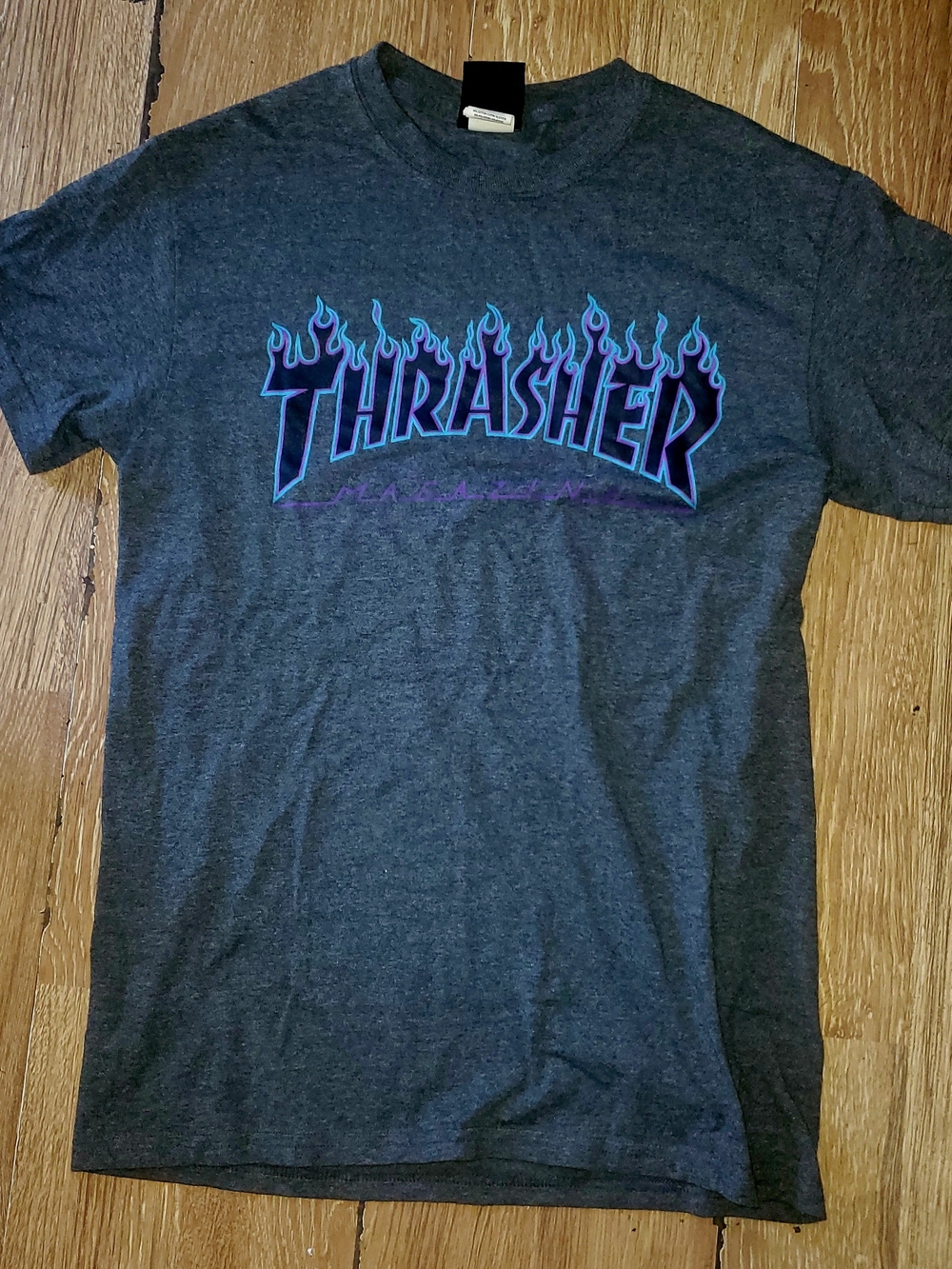 Mens Grey Thrasher Magazine Short Sleeve Tee with Blue & Purple Flame Logo